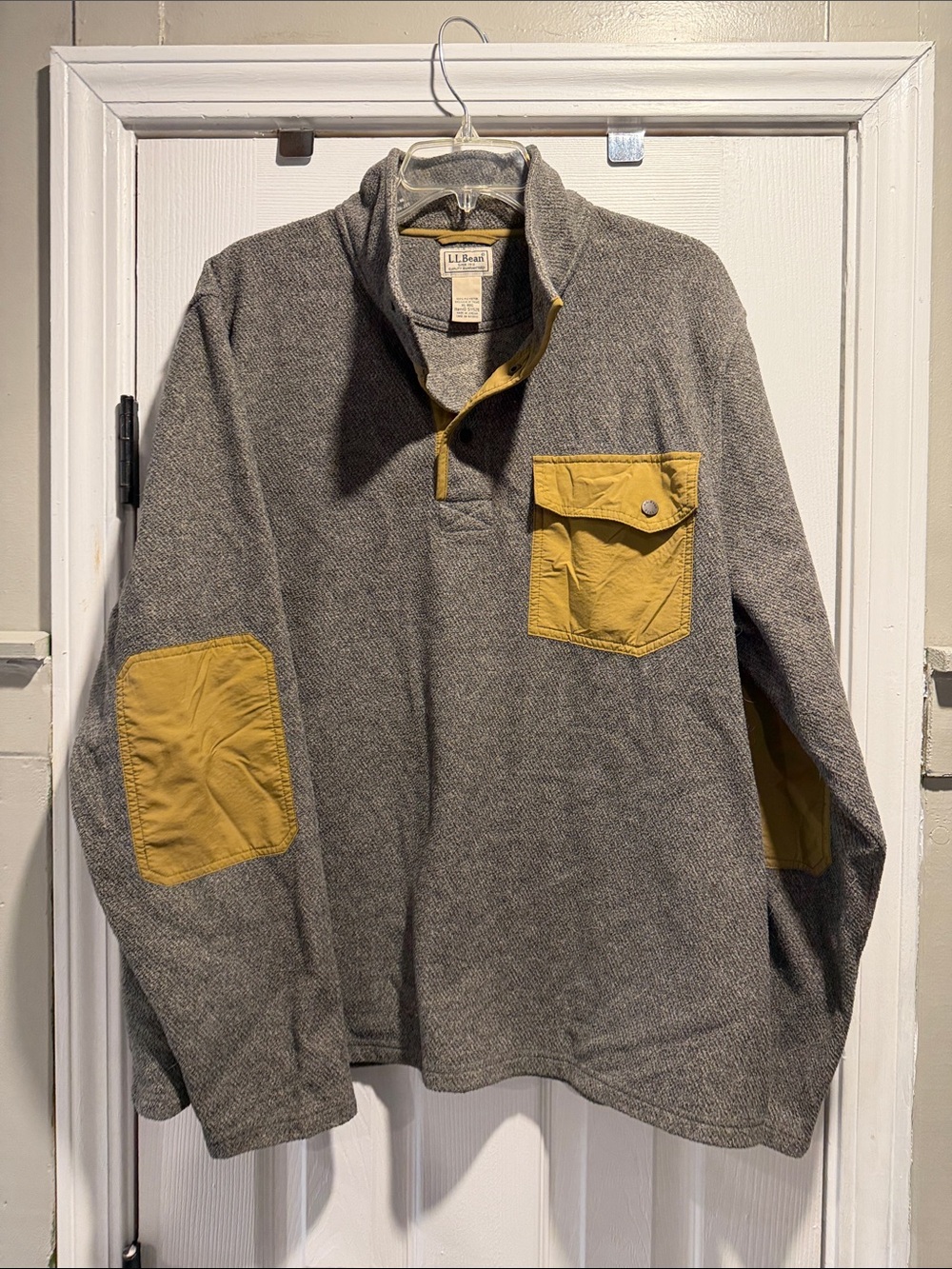 L.L. Bean Gray Herringbone Pullover with Mustard Accents